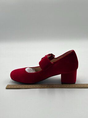 FSJ Red Soft Velvet One Strap Buckle Pumps Round Toe Chunky Heel Evening Shoes